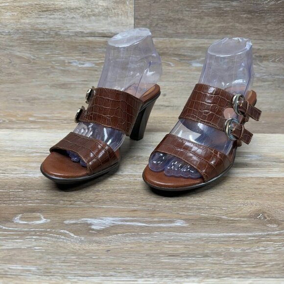 Sofft Abby Brown Croc Embossed Leather Slip On Heels Women's Size 7.5 - Picture 1 of 6